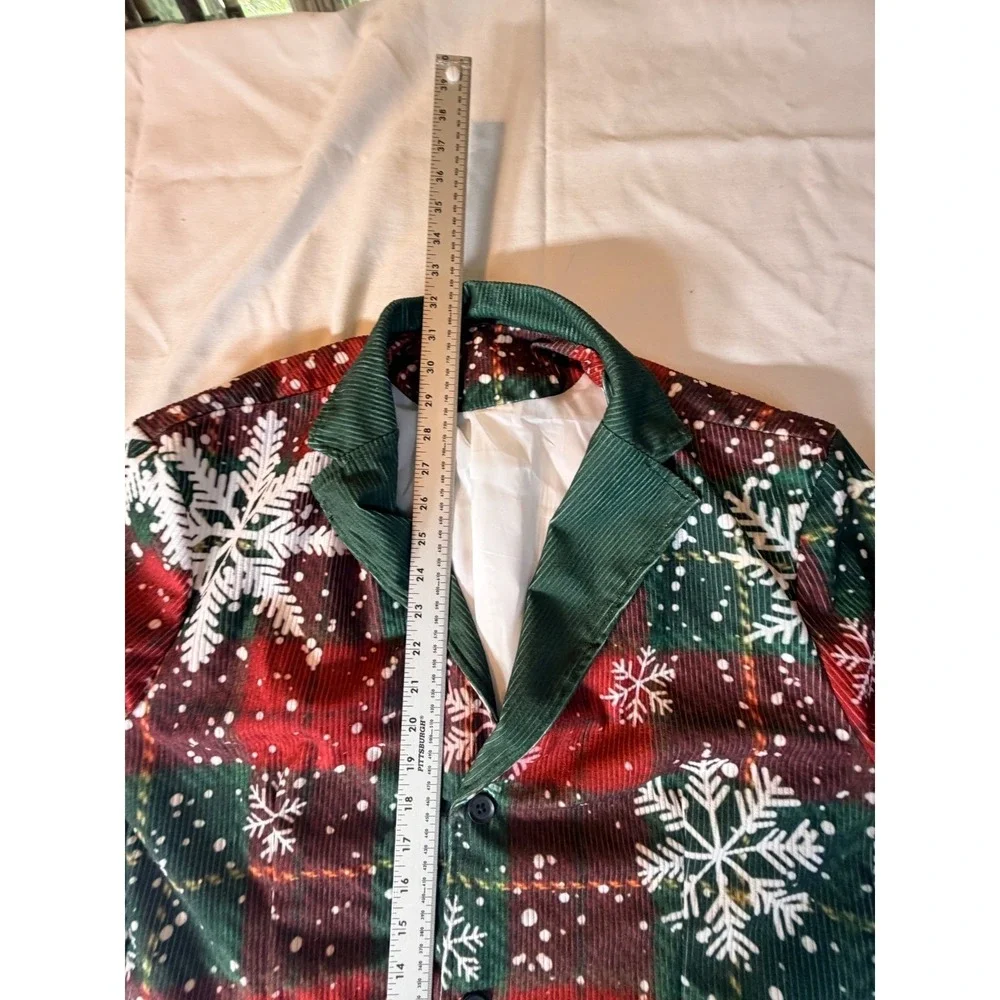 Mens Christmas Corduroy Blazer Jacket Red Green Plaid Snowflake Holiday 2XL